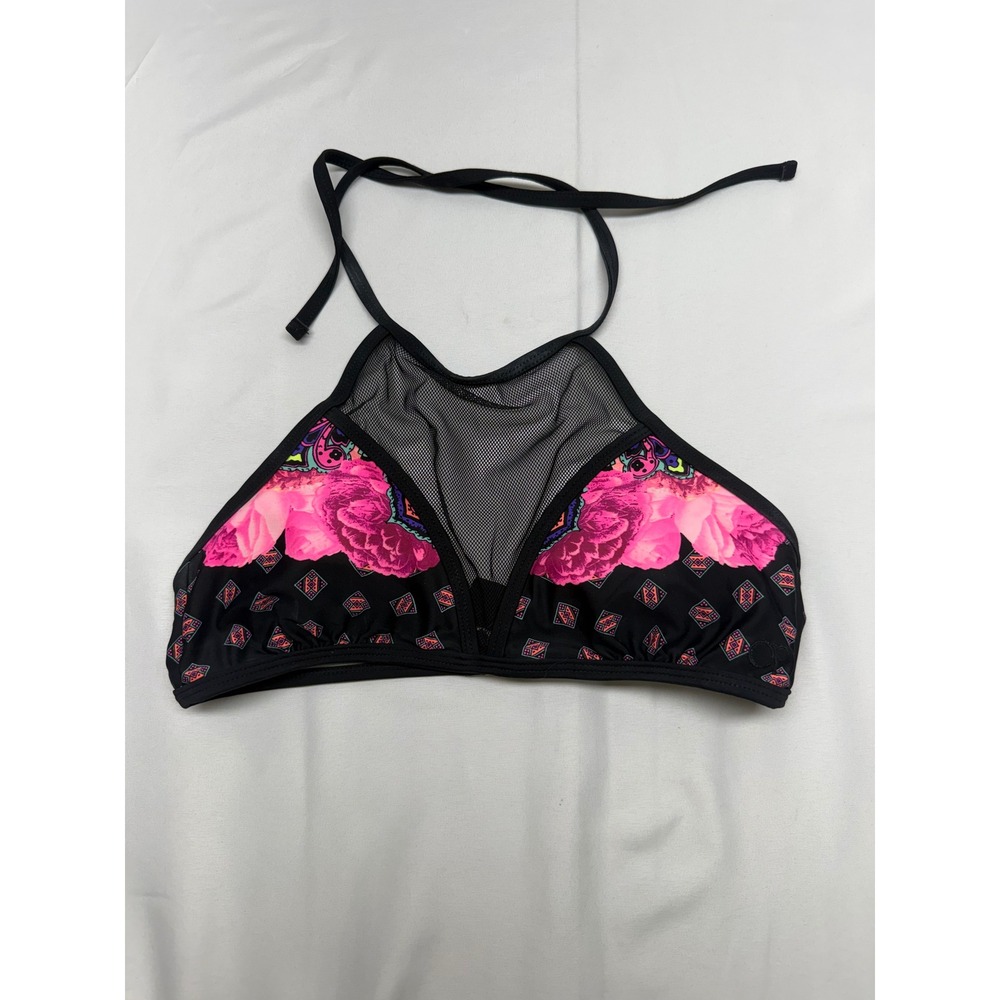 Ocean Pacific  Retro Women's Black Pink Floral Mesh Halter Bikini Top Size M 7-9